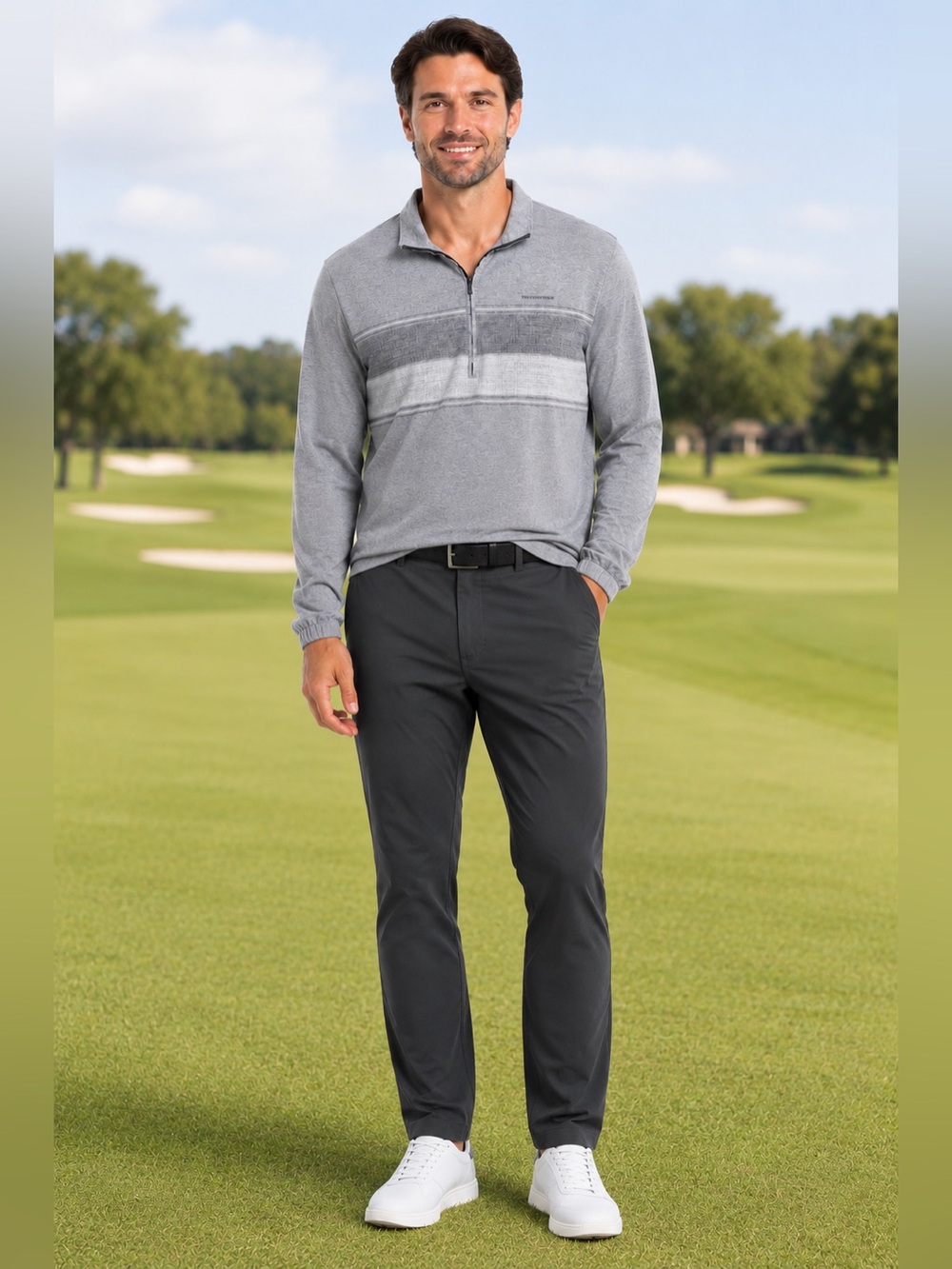 Travis Mathew Men’s XL Gray Striped Quarter Zip Pullover Golf Performance